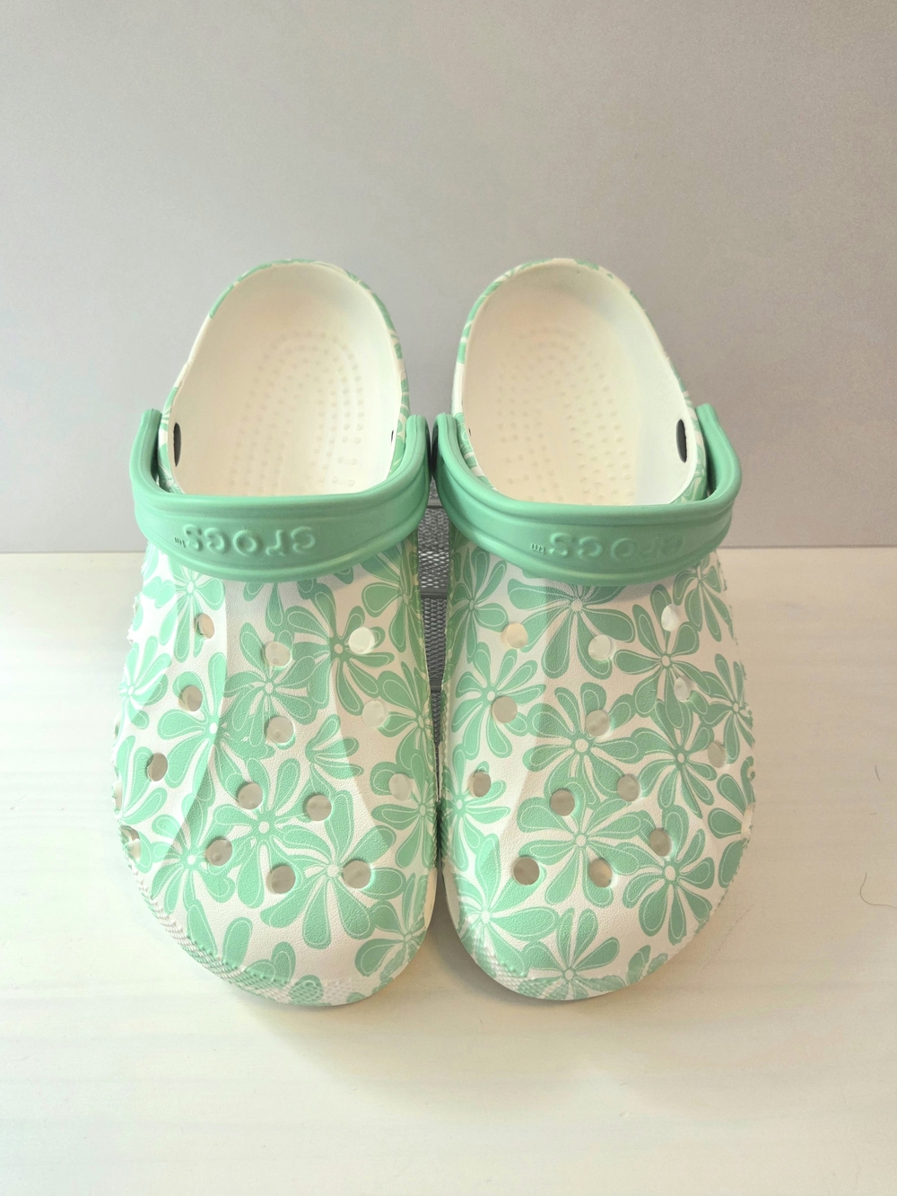 CROCS Baya Tropical Slip-On Clogs in Mint Green and White